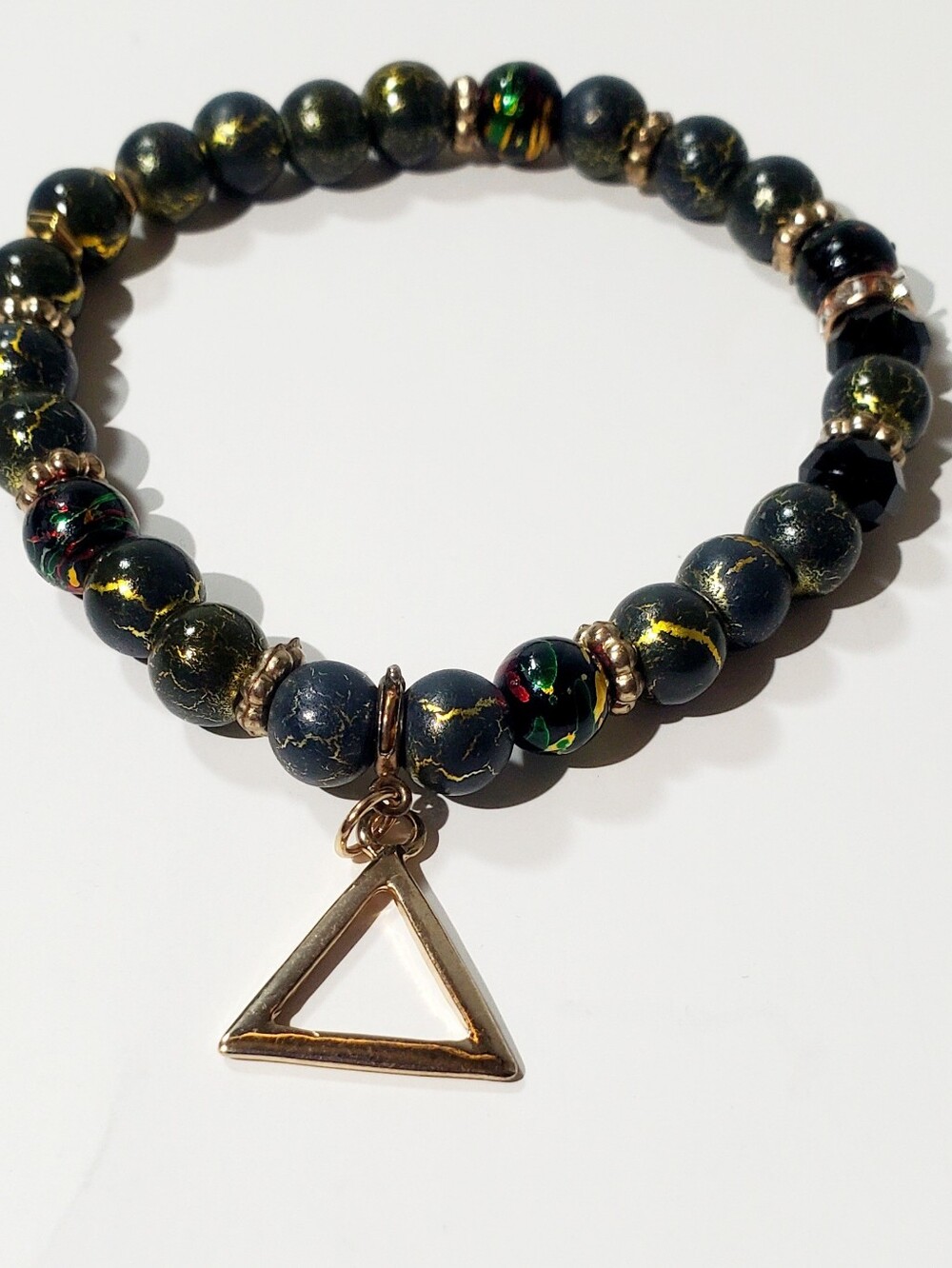 Women's Glass Black & Gold Beaded Triangle Charm Bracelet